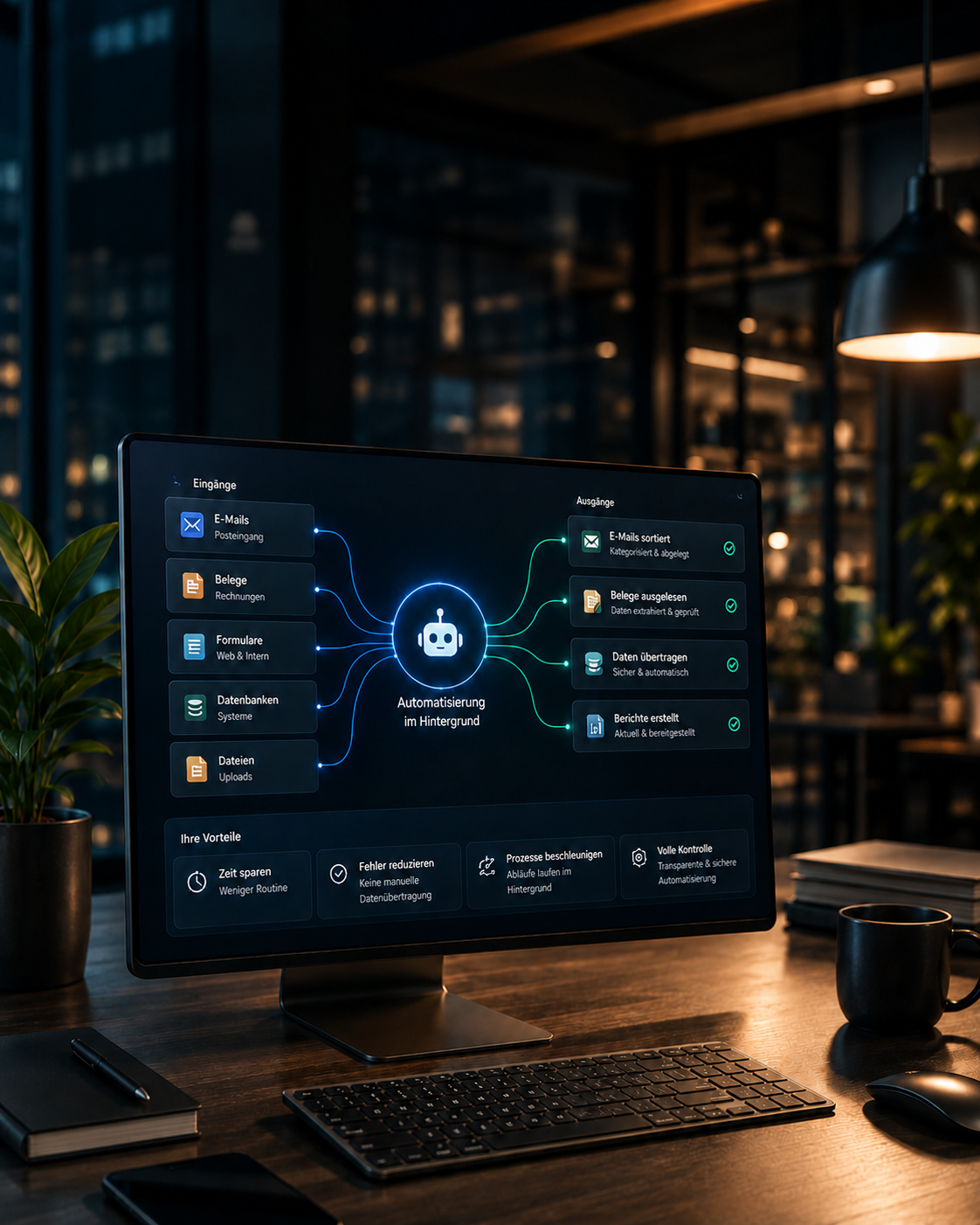 Automatisierter Workflow: Eingänge fließen über einen zentralen Knoten zu Diensten und Systemen