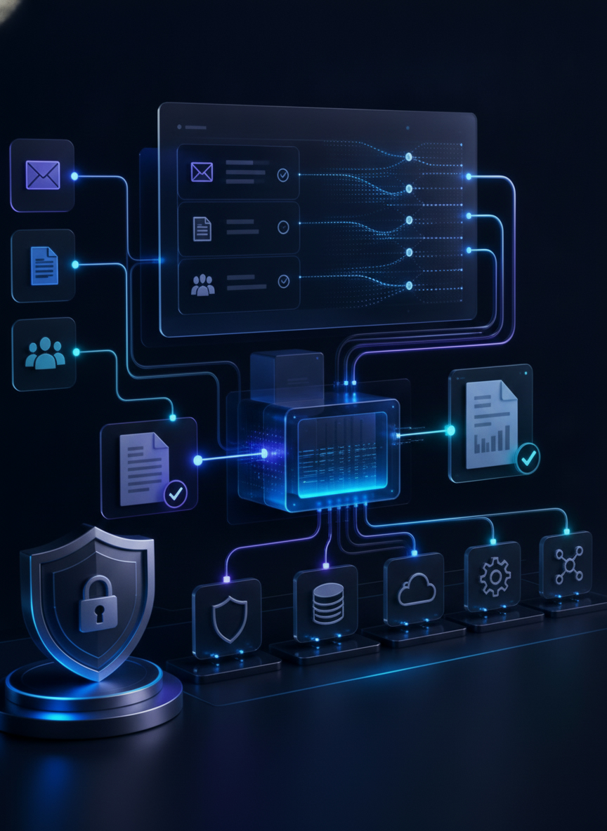 Automated workflow: inputs flow through a central hub to services and systems