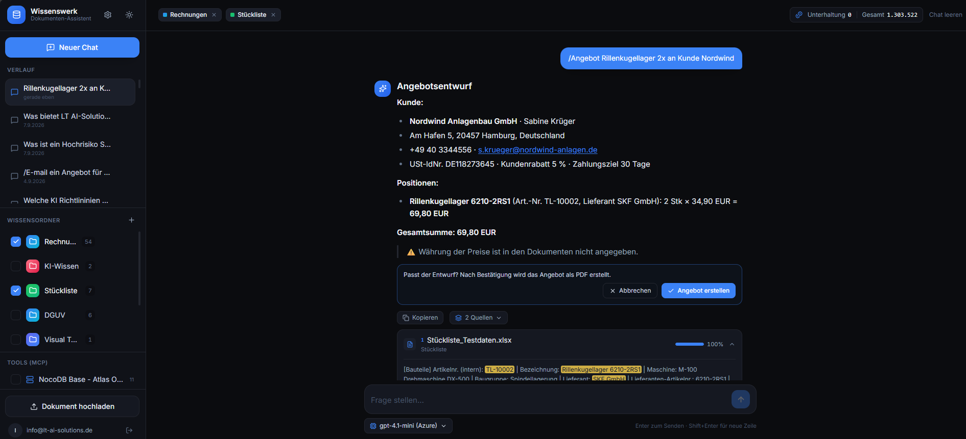 Wissenswerk-Shortcut: Kurzbefehl /Angebot erstellt in Sekunden einen Angebotsentwurf mit Kundendaten, Positionen und Preisen aus Stückliste und Rechnungen, mit Bestätigung vor der PDF-Erstellung